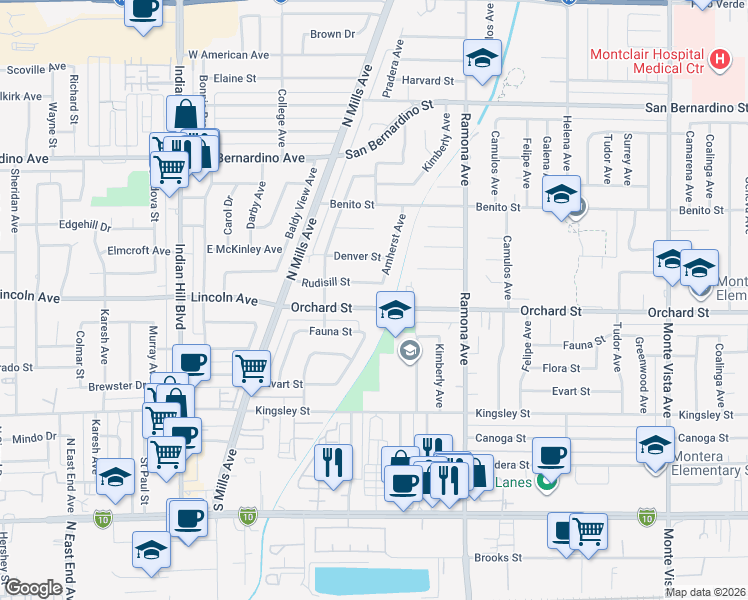 map of restaurants, bars, coffee shops, grocery stores, and more near 4322 Orchard Street in Montclair