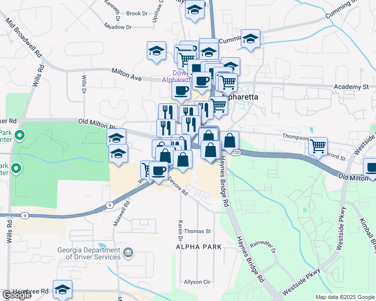 map of restaurants, bars, coffee shops, grocery stores, and more near 170 South Main Street in Alpharetta