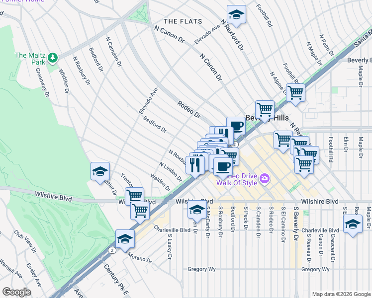 map of restaurants, bars, coffee shops, grocery stores, and more near 517 North Bedford Drive in Beverly Hills