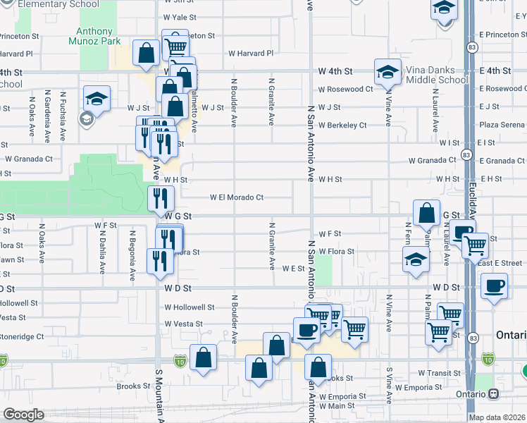 map of restaurants, bars, coffee shops, grocery stores, and more near 816 West G Street in Ontario