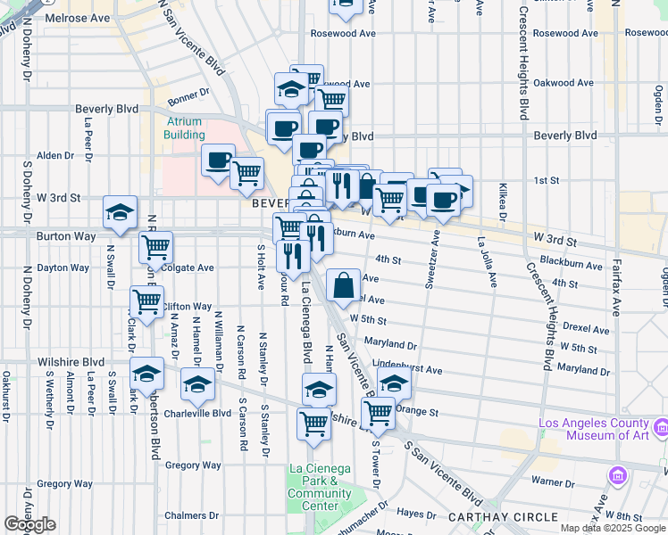map of restaurants, bars, coffee shops, grocery stores, and more near 6743 Colgate Avenue in Los Angeles
