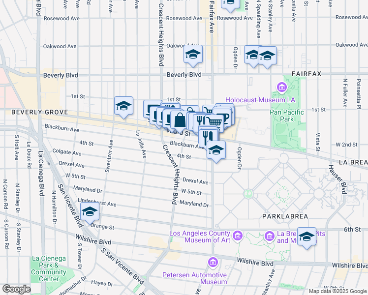 map of restaurants, bars, coffee shops, grocery stores, and more near 7972 Blackburn Avenue in Los Angeles