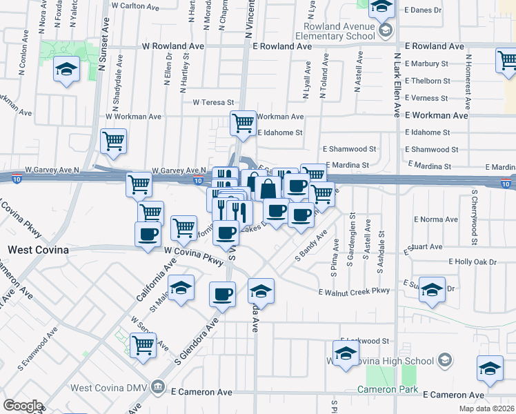 map of restaurants, bars, coffee shops, grocery stores, and more near 940 Lakes Drive in West Covina