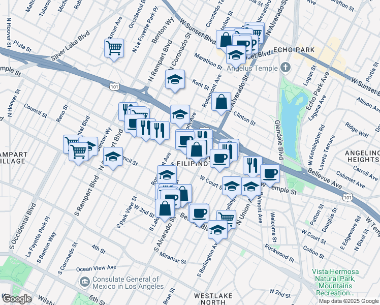 map of restaurants, bars, coffee shops, grocery stores, and more near 236 North Lake Street in Los Angeles