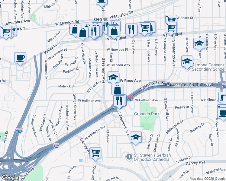 map of restaurants, bars, coffee shops, grocery stores, and more near 2001 Elm Street in Alhambra