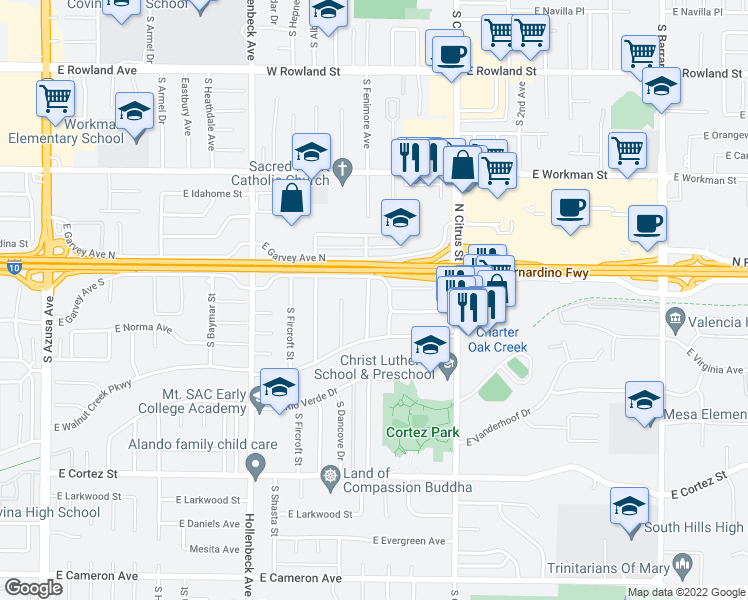 map of restaurants, bars, coffee shops, grocery stores, and more near 132 South Mockingbird Lane in West Covina