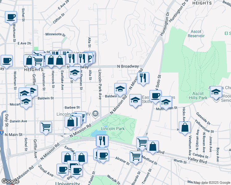 map of restaurants, bars, coffee shops, grocery stores, and more near 2215 Parkside Avenue in Los Angeles
