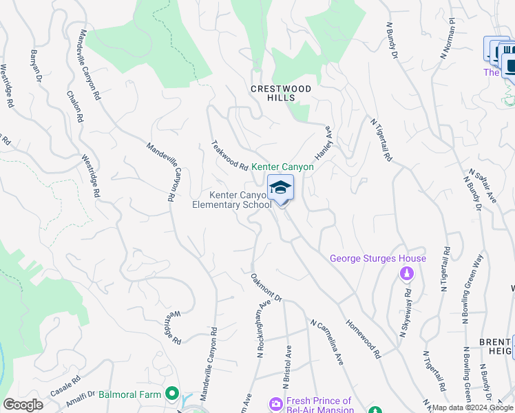 map of restaurants, bars, coffee shops, grocery stores, and more near 650 Elkins Road in Los Angeles