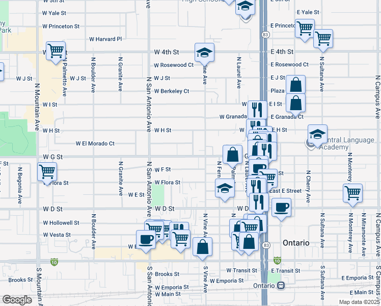 map of restaurants, bars, coffee shops, grocery stores, and more near 705 North Bonita Court in Ontario