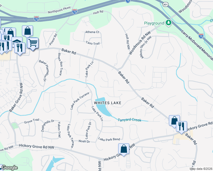 map of restaurants, bars, coffee shops, grocery stores, and more near 2951 Lighthouse Court in Acworth