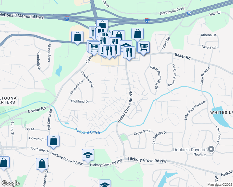 map of restaurants, bars, coffee shops, grocery stores, and more near 4906 Parke Brook Drive in Acworth