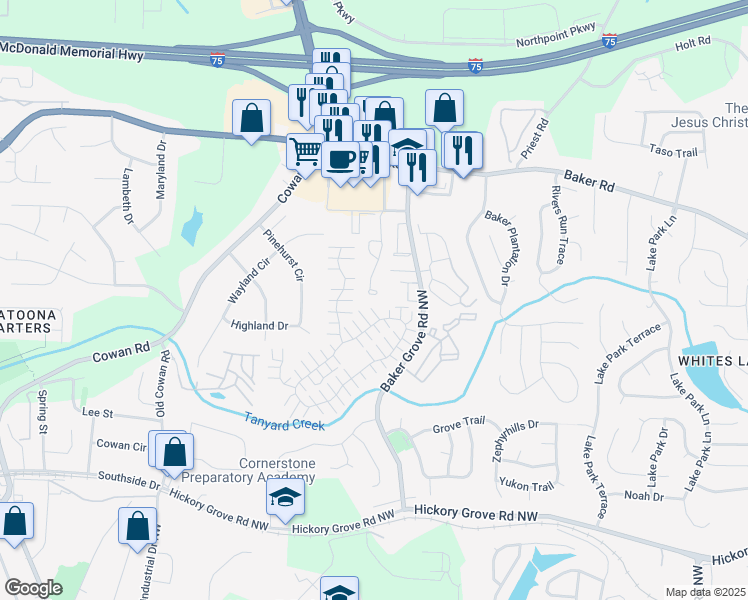 map of restaurants, bars, coffee shops, grocery stores, and more near 4902 Parke Brook Drive in Acworth