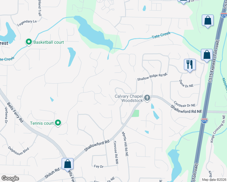 map of restaurants, bars, coffee shops, grocery stores, and more near 4743 Shallow Ridge Road Northeast in Kennesaw