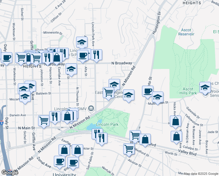 map of restaurants, bars, coffee shops, grocery stores, and more near 2215 Parkside Avenue in Los Angeles