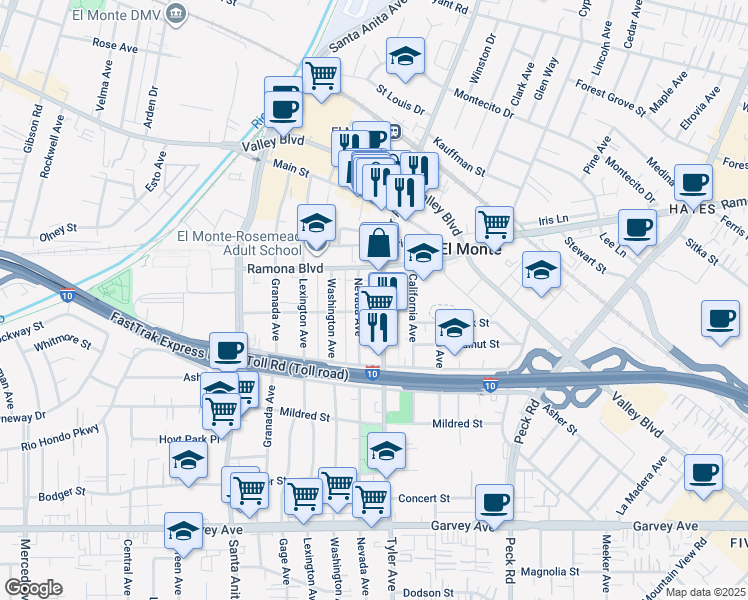 map of restaurants, bars, coffee shops, grocery stores, and more near 3419 Tyler Avenue in El Monte