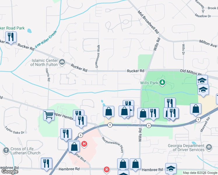 map of restaurants, bars, coffee shops, grocery stores, and more near 895 Melbourne Trail in Alpharetta