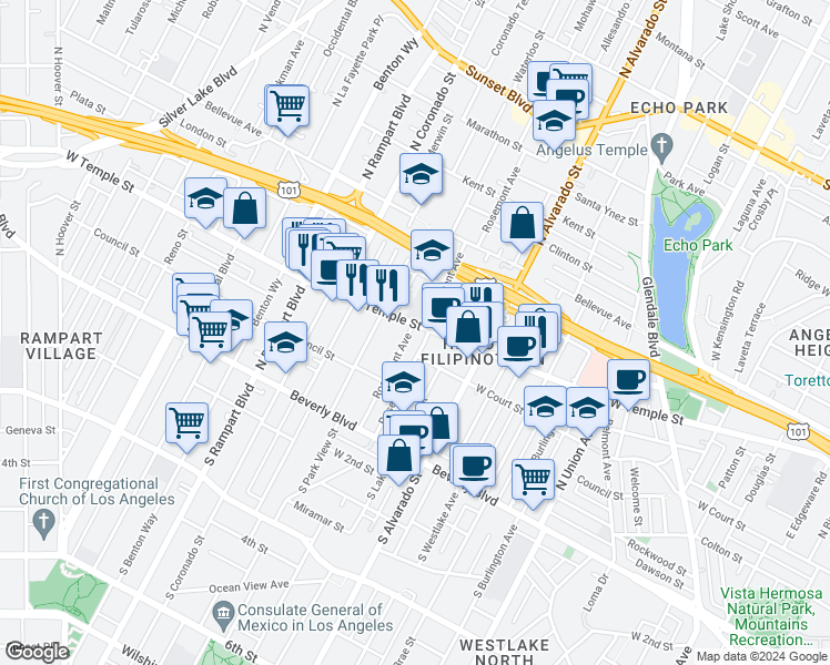 map of restaurants, bars, coffee shops, grocery stores, and more near 2240 West Temple Street in Los Angeles