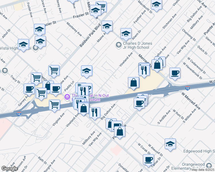 map of restaurants, bars, coffee shops, grocery stores, and more near 3118 Vineland Avenue in Baldwin Park