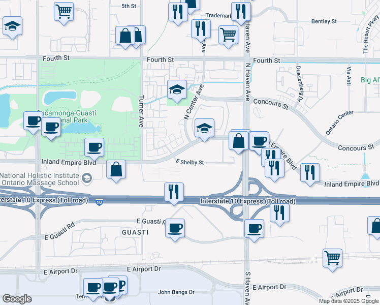 map of restaurants, bars, coffee shops, grocery stores, and more near 3200 Inland Empire Boulevard in Ontario