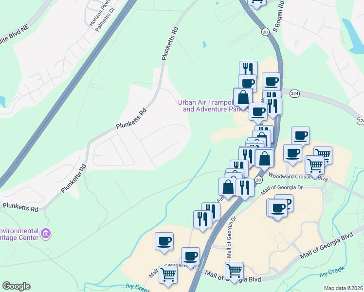 map of restaurants, bars, coffee shops, grocery stores, and more near 1577 Casper Hill Drive in Buford