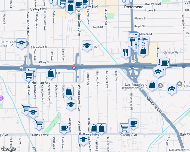 map of restaurants, bars, coffee shops, grocery stores, and more near 3433 Bartlett Avenue in Rosemead