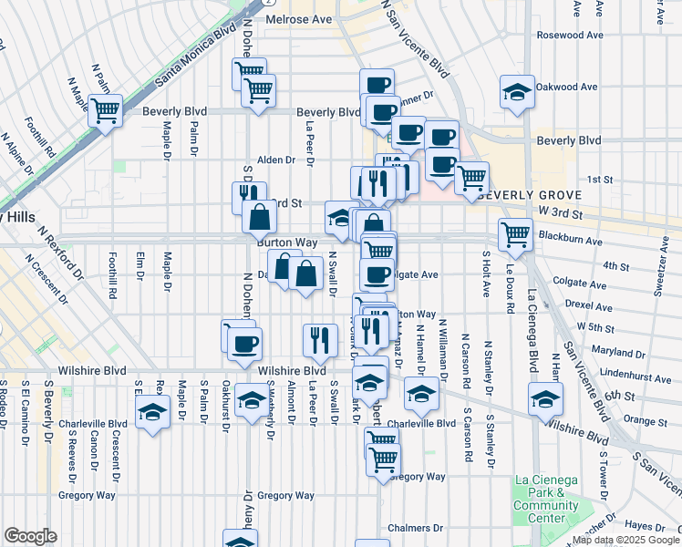 map of restaurants, bars, coffee shops, grocery stores, and more near 300 North Swall Drive in Beverly Hills
