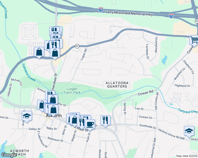 map of restaurants, bars, coffee shops, grocery stores, and more near 4084 Garden Circle in Acworth