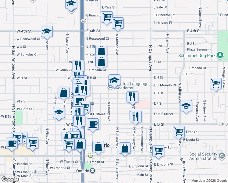 map of restaurants, bars, coffee shops, grocery stores, and more near 415 East G Street in Ontario