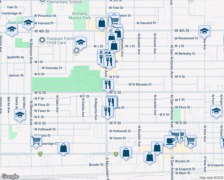map of restaurants, bars, coffee shops, grocery stores, and more near 1040 West G Street in Ontario