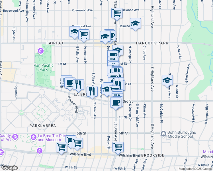 map of restaurants, bars, coffee shops, grocery stores, and more near 203 South Detroit Street in Los Angeles