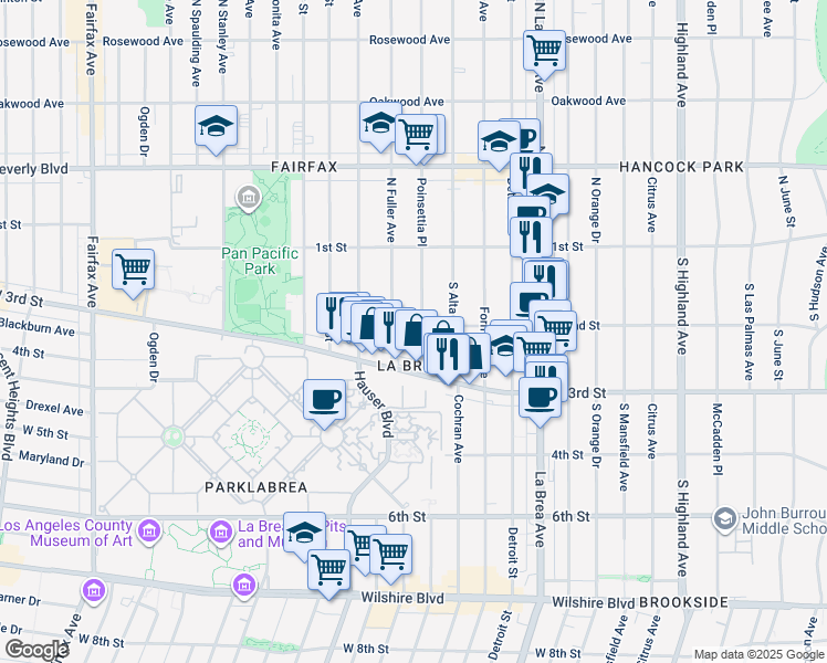 map of restaurants, bars, coffee shops, grocery stores, and more near 201 South Poinsettia Place in Los Angeles