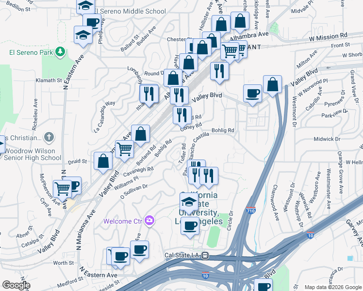 map of restaurants, bars, coffee shops, grocery stores, and more near 2258 Lafler Road in Los Angeles