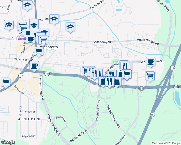 map of restaurants, bars, coffee shops, grocery stores, and more near 360 Concord Street in Alpharetta