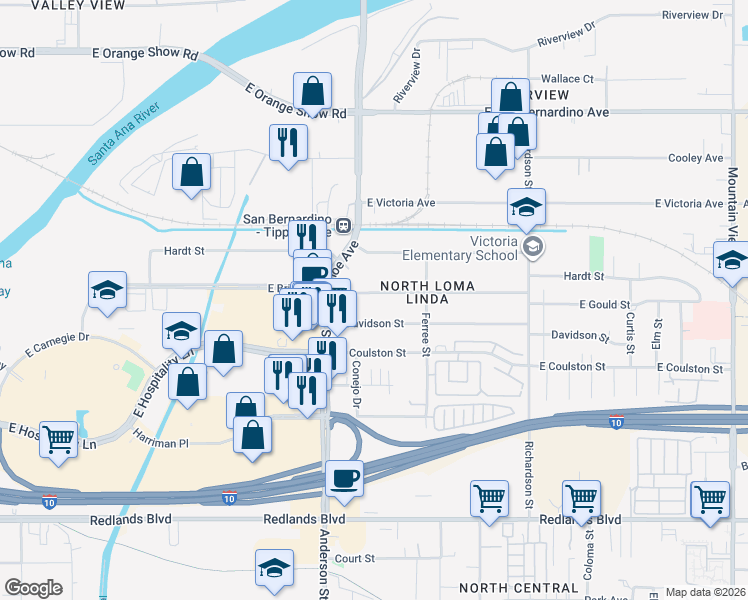 map of restaurants, bars, coffee shops, grocery stores, and more near 1215 Gould Street in San Bernardino