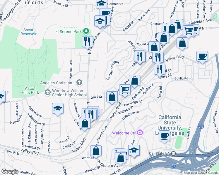 map of restaurants, bars, coffee shops, grocery stores, and more near 4909 Dartmouth Avenue in Los Angeles