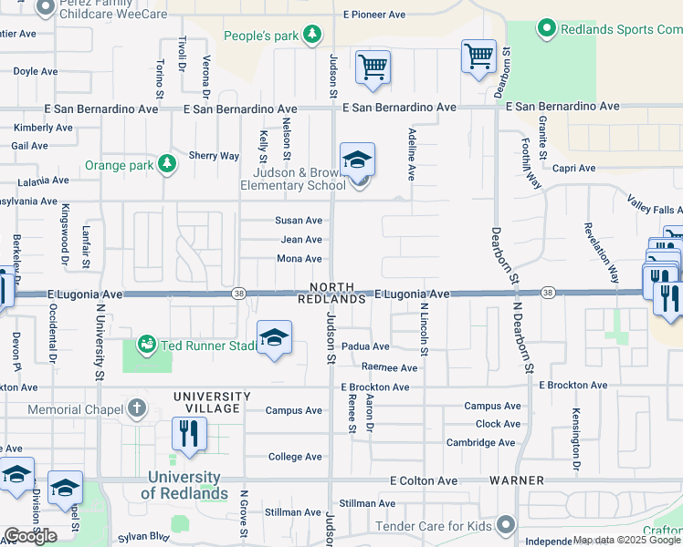 map of restaurants, bars, coffee shops, grocery stores, and more near in Redlands