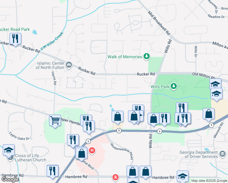 map of restaurants, bars, coffee shops, grocery stores, and more near 885 Melbourne Trail in Alpharetta