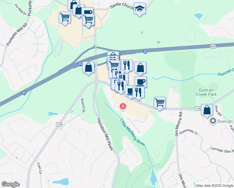 map of restaurants, bars, coffee shops, grocery stores, and more near 3465 Braselton Highway in Dacula
