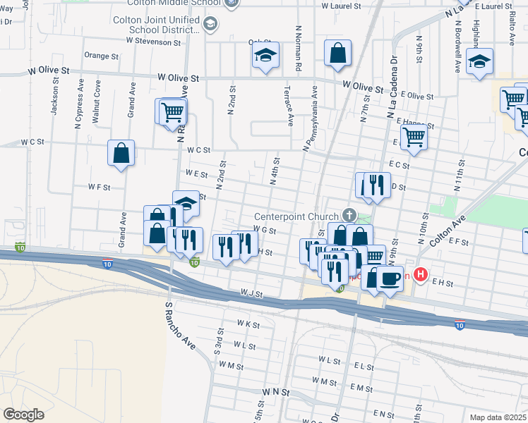 map of restaurants, bars, coffee shops, grocery stores, and more near 489 North 4th Street in Colton