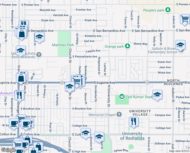 map of restaurants, bars, coffee shops, grocery stores, and more near 928 East Sharon Road in Redlands