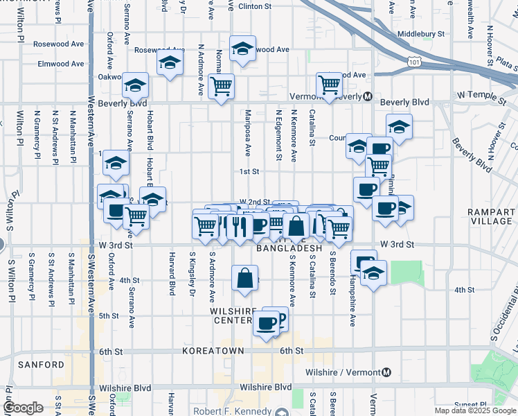 map of restaurants, bars, coffee shops, grocery stores, and more near 200 South Mariposa Avenue in Los Angeles