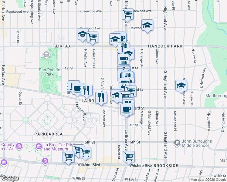 map of restaurants, bars, coffee shops, grocery stores, and more near 203 South Detroit Street in Los Angeles