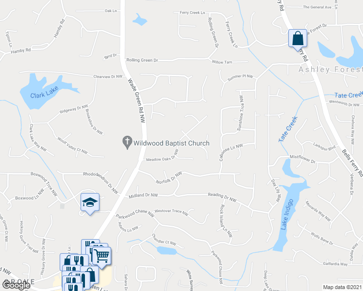 map of restaurants, bars, coffee shops, grocery stores, and more near 1177 Meadow Oaks Drive Northwest in Acworth