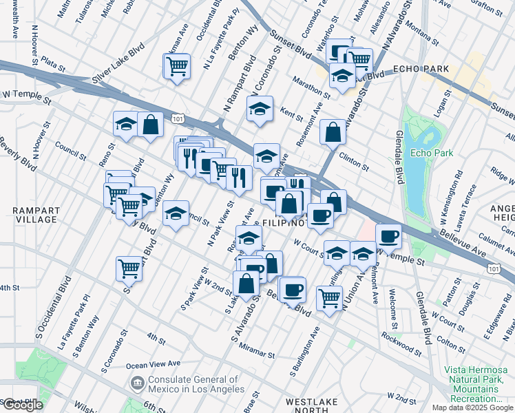 map of restaurants, bars, coffee shops, grocery stores, and more near 2240 West Temple Street in Los Angeles