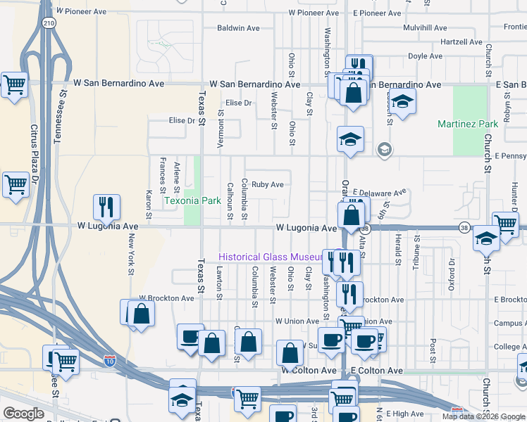 map of restaurants, bars, coffee shops, grocery stores, and more near 1312 Live Oak Court in Redlands