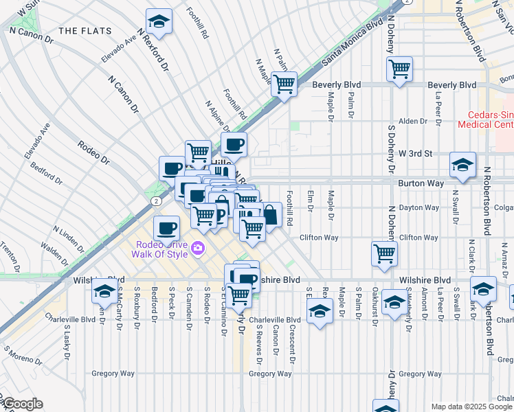 map of restaurants, bars, coffee shops, grocery stores, and more near 321 North Rexford Drive in Beverly Hills