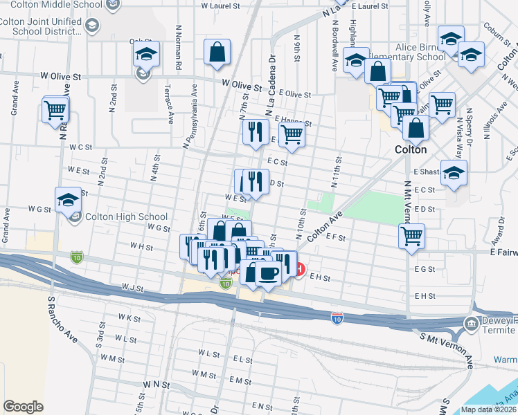 map of restaurants, bars, coffee shops, grocery stores, and more near 501 North 9th Street in Colton