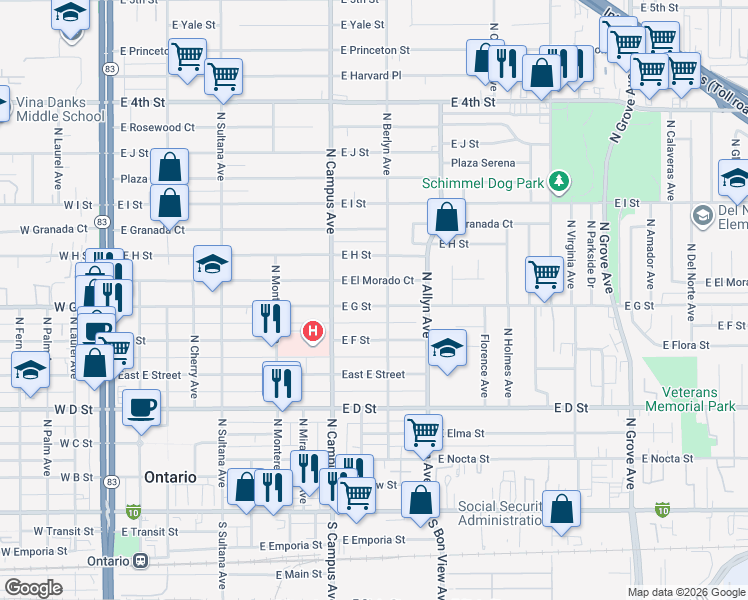 map of restaurants, bars, coffee shops, grocery stores, and more near 763 East G Street in Ontario