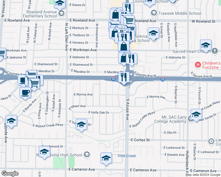 map of restaurants, bars, coffee shops, grocery stores, and more near 122 South Fernwood Street in West Covina