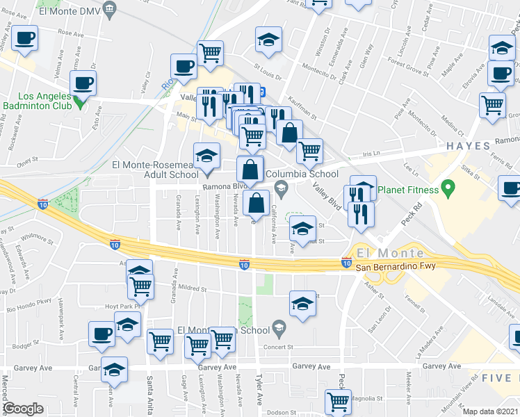 map of restaurants, bars, coffee shops, grocery stores, and more near 3419 California Avenue in El Monte
